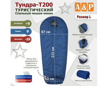Спальный мешок туристический "Тундра - Т200". Размер L. Цвет: синий с серым.